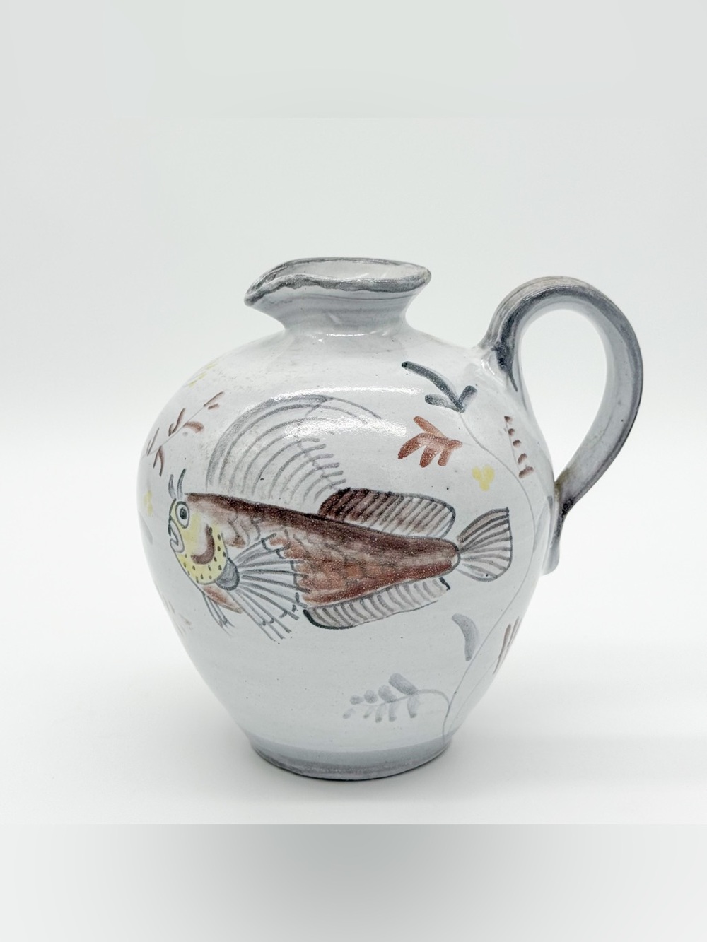 Unique Hand Painted Thrown Fish Jug Vase Vessel Lake Coastal Pottery Brown Gray